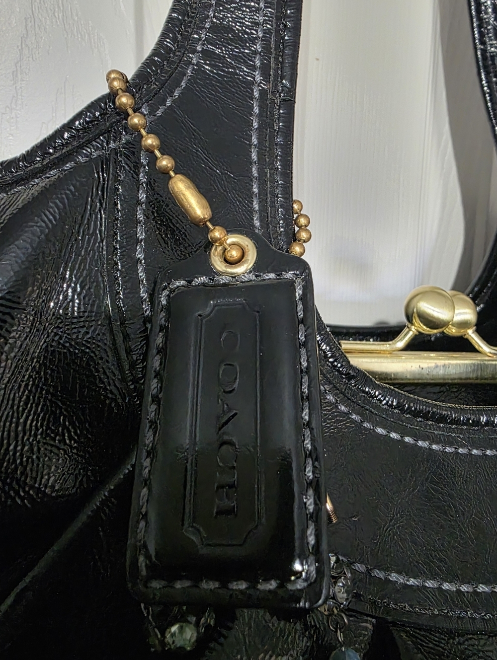 Coach Black Glossey Leather Shoulder Bag with Gold Hardware and Logo Tag